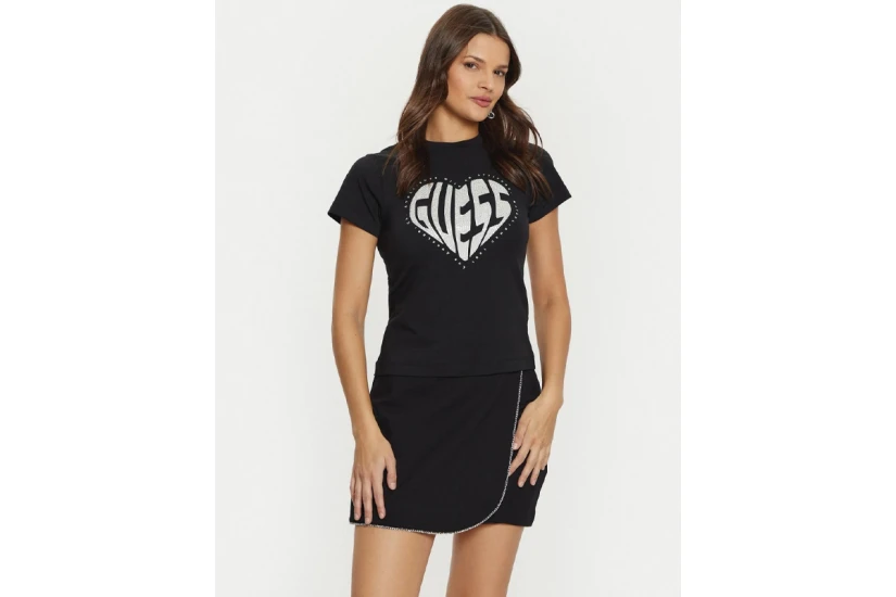 Guess Julia Γυναικείο Κοντομάνικο T-Shirt Μαύρο, Ασημί