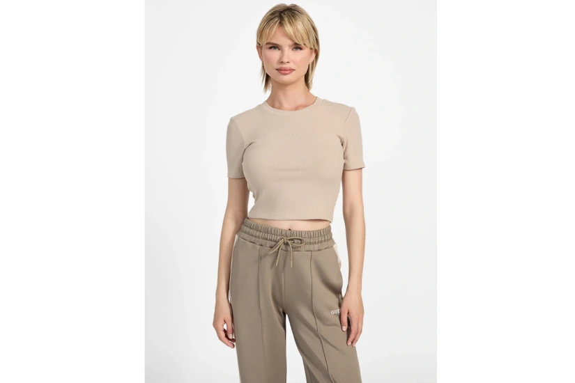 Guess Ribbed Γυναικείο Κοντομάνικο Crop Top Μπεζ