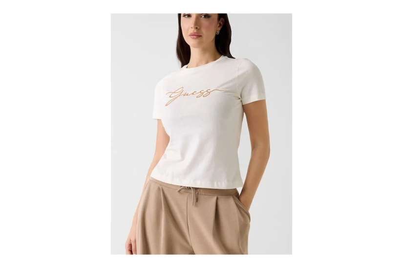 Guess Embroidered Logo Γυναικείο Κοντομάνικο T-Shirt Εκρού, Μπεζ
