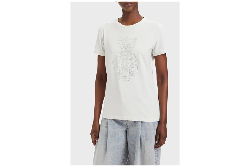 Guess Romy Γυναικείο Κοντομάνικο T-Shirt Εκρού, Ασημί