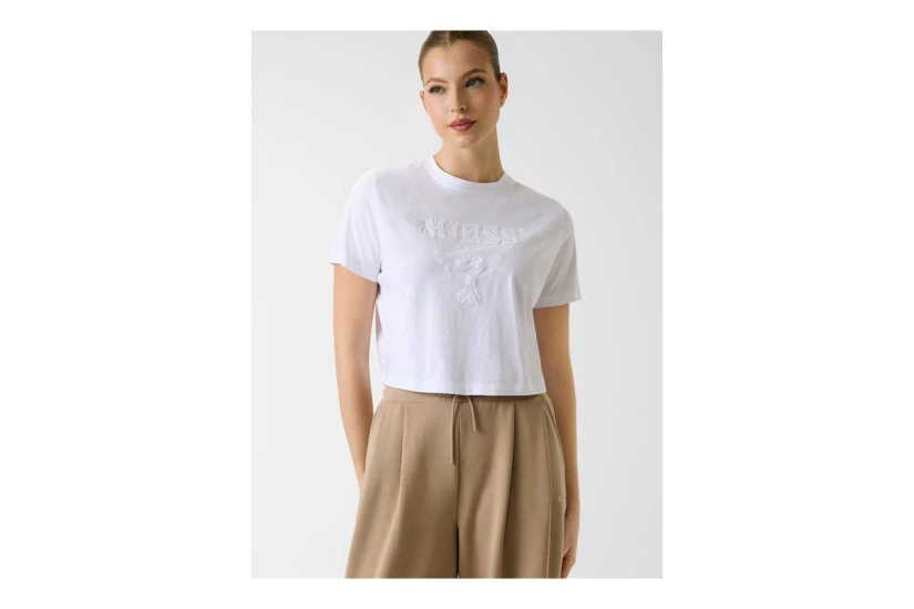 Guess Boxy Logo Γυναικείο Κοντομάνικο Cropped T-Shirt Λευκό