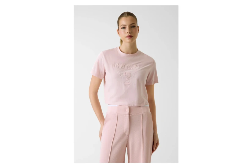 Guess Boxy Logo Γυναικείο Κοντομάνικο Cropped T-Shirt Ροζ