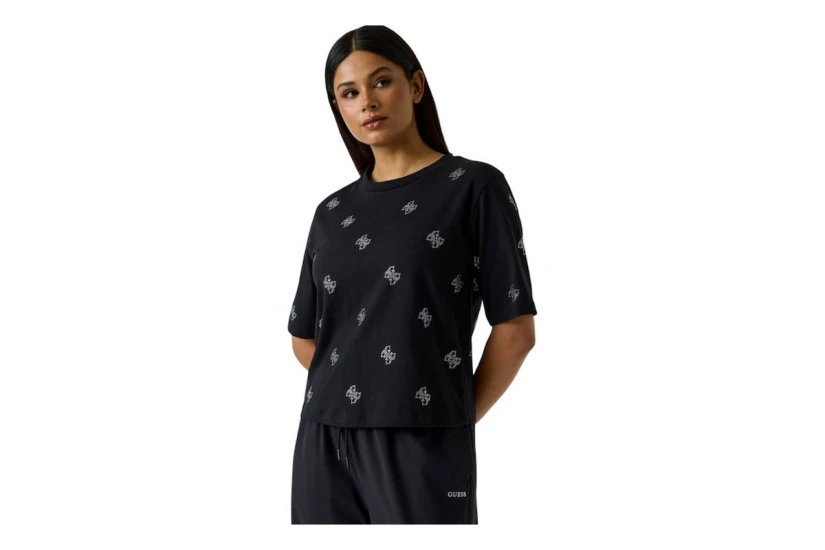 Guess Silvy 4G Rhinestones Γυναικείο Κοντομάνικο T-Shirt Μαύρο, Ασημί