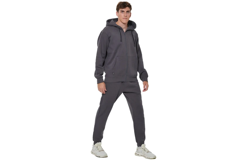 Body Action Through Fleece Ανδρική Βαμβακερή Ζακέτα με Κουκούλα Γκρι Σκούρο