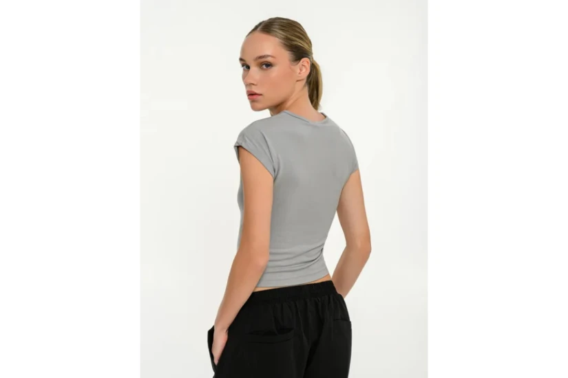 Body Talk Modal Blend Γυναικείο Κοντομάνικο Crop Top Γκρι
