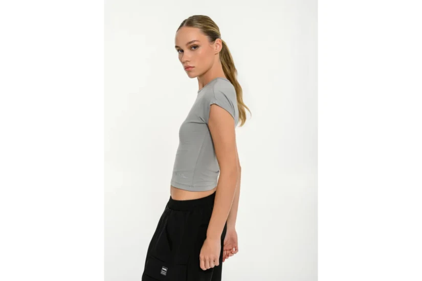 Body Talk Modal Blend Γυναικείο Κοντομάνικο Crop Top Γκρι
