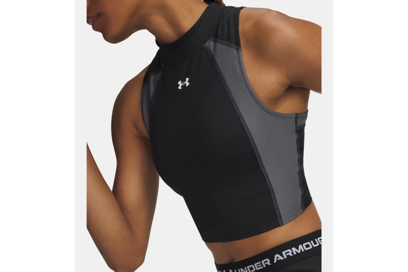 Under Armour Heatgear Rib Γυναικείο Αμάνικο Crop Top Μαύρο, Ανθρακί
