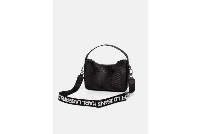 Karl Lagerfeld Logo Woven Raffia Mini Hobo Γυναικεία Τσάντα Ώμου-Χειρός Μαύρη