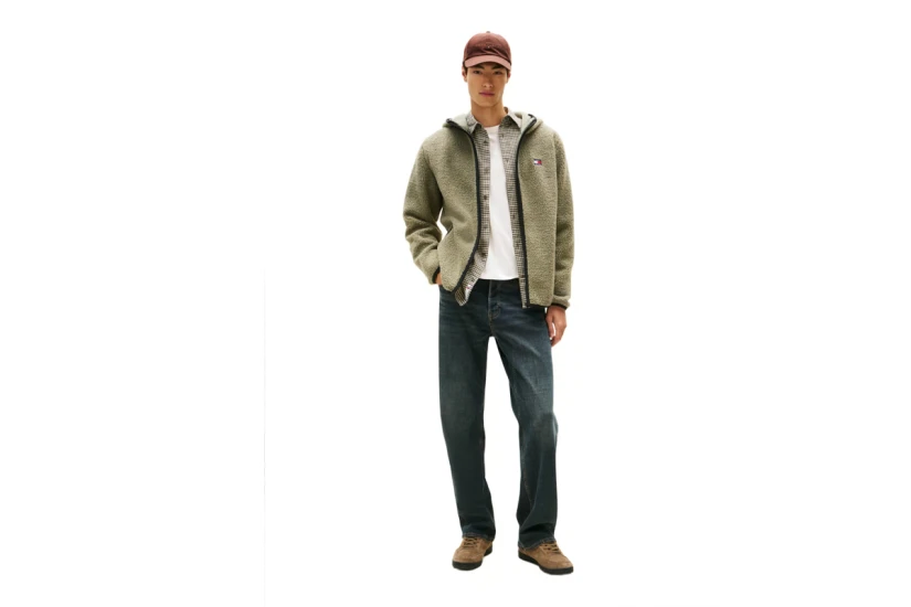 Tommy Jeans Teddy Zip-Thru Ανδρική Ζακέτα Sherpa με Κουκούλα Πράσινη