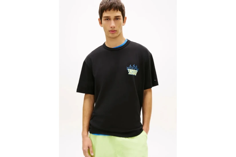 Tommy Jeans Relaxed Bubble Flame Graphic Ανδρικό Κοντομάνικο T-Shirt Μαύρο, Κίτρινο, Μπλε