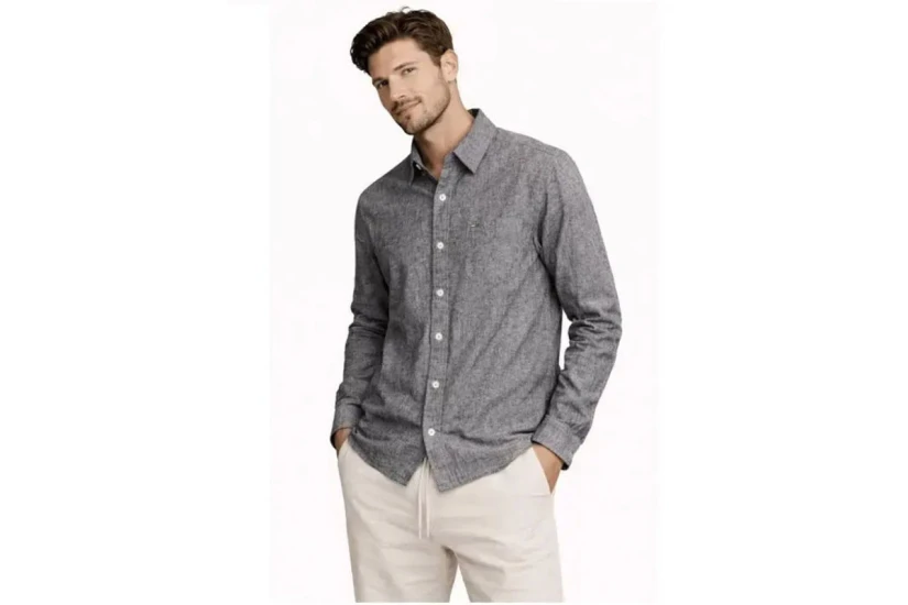 Tommy Jeans Regular Linen Blend Ανδρικό Μακρυμάνικο Πουκάμισο Γκρι Σκούρο