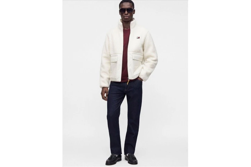 Tommy Jeans Teddy Contrast Texture Relaxed Ανδρικό Μπουφάν Sherpa Εκρού