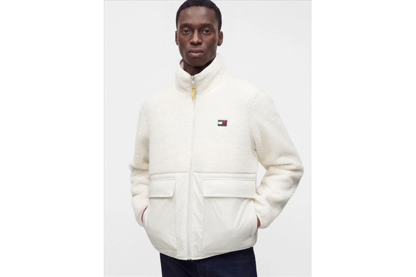 Tommy Jeans Teddy Contrast Texture Relaxed Ανδρικό Μπουφάν Sherpa Εκρού