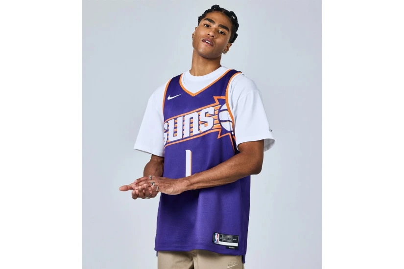 Nike Dri-FIT NBA Devin Booker Phoenix Suns Icon Edition Ανδρική Μπασκετική Φανέλα Μωβ, Πορτοκαλί, Λευκή