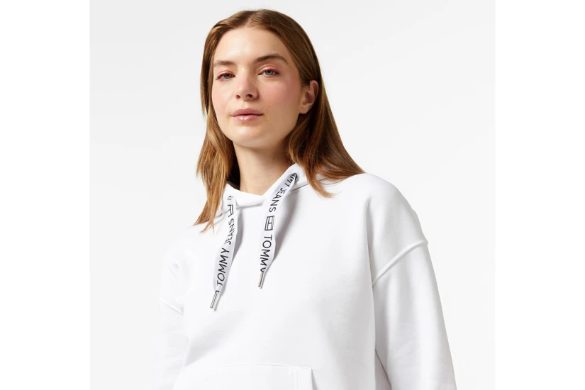 Tommy Jeans Drawcord Logo Boxy Γυναικείο Φούτερ Με Κουκούλα Λευκό