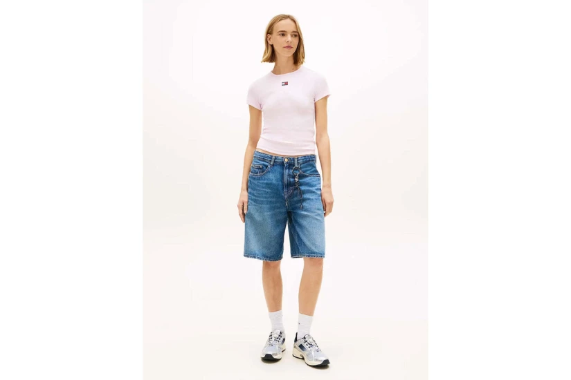Tommy Jeans Badge Ribbed Slim Fit Γυναικείο Κοντομάνικο T-Shirt Ροζ