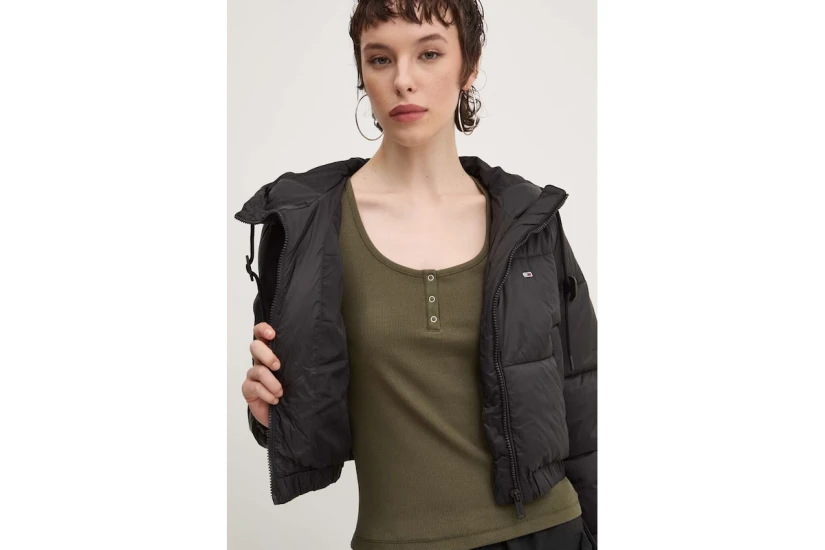 Tommy Jeans Crop Hooted Γυναικείο Μπουφάν Puffer με Κουκούλα Μαύρο