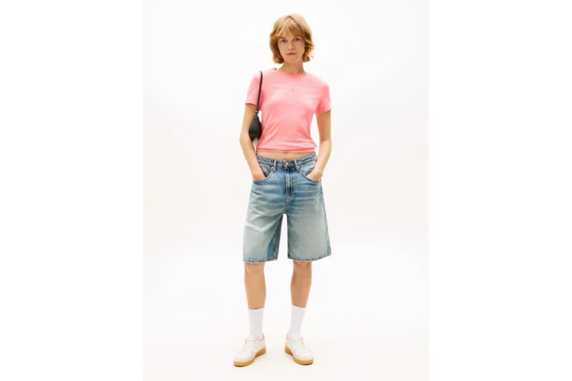 Tommy Jeans Slim Linear Γυναικείο Κοντομάνικο T-Shirt Ροζ