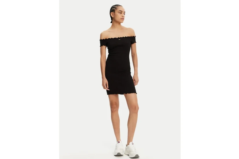 Tommy Jeans Smock Bodycon Γυναικείο Mini Φόρεμα Μαύρο