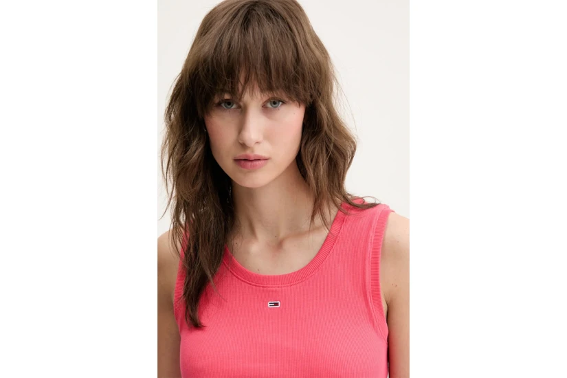 Tommy Jeans Ribbed Slim Scoop Neck Γυναικεία Αμάνικη Μπλούζα Ροζ