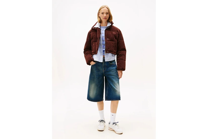 Tommy Jeans Relaxed Corduroy Cropped Γυναικείο Μπουφάν Puffer Καφέ