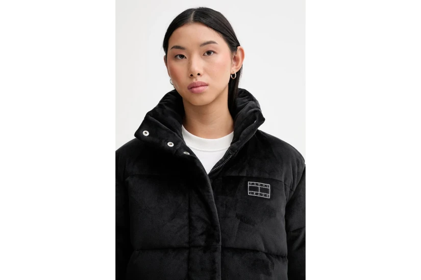 Tommy Jeans Quilted Velvet Γυναικείο Μπουφάν Puffer με Κουκούλα Μαύρο