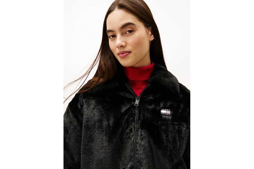 Tommy Jeans Badge Faux Fur Bomber Γυναικεία Συνθετική Γούνα Μαύρη