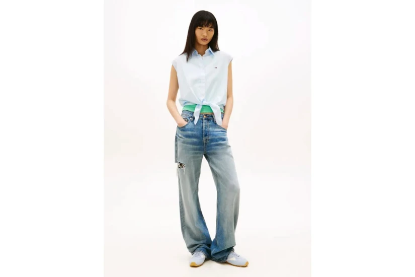 Tommy Jeans Relaxed Fit Tie Front Γυναικείο Αμάνικο Πουκάμισο Γαλάζιο