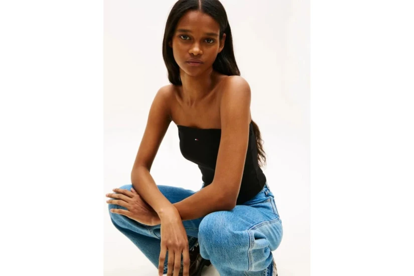 Tommy Jeans Slim Bandeau Rib Γυναικείο Αμάνικο Top Μαύρο