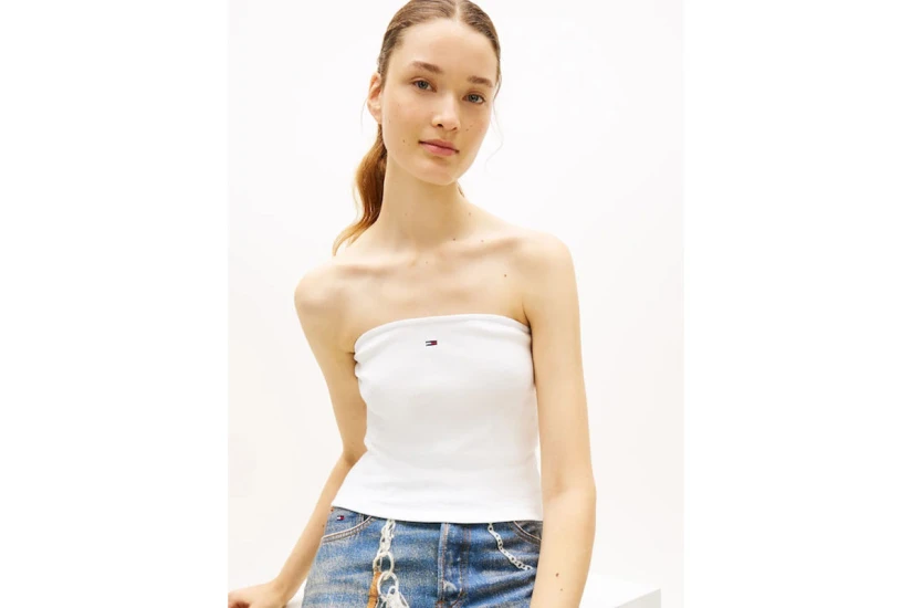 Tommy Jeans Slim Bandeau Rib Γυναικείο Αμάνικο Top Εκρού