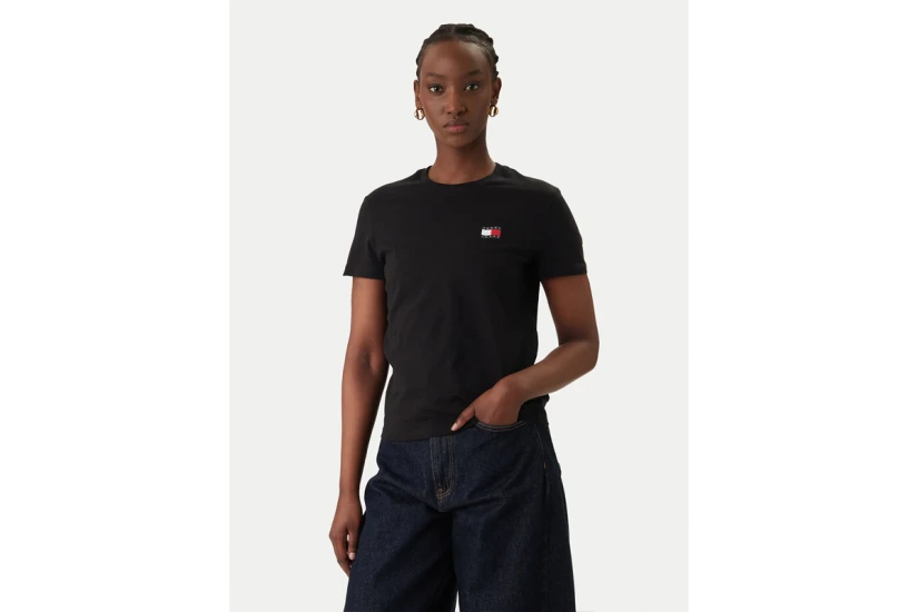 Tommy Jeans Wavy Flag Back Logo Jersey Γυναικείο Κοντομάνικο T-Shirt Μαύρο, Λευκό