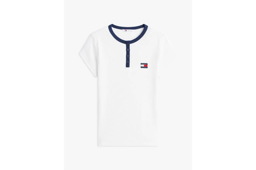 Tommy Jeans Badge Henley Ribbed Γυναικείο Κοντομάνικο T-Shirt Εκρού, Μπλε Σκούρο