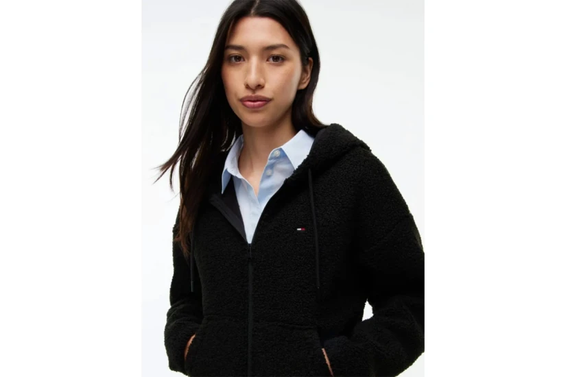 Tommy Jeans Teddy Fleece Hoody Γυναικεία Ζακέτα Sherpa με Κουκούλα Μαύρη