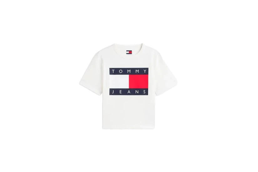 Tommy Jeans Boxy Flag Γυναικείο Κοντομάνικο T-Shirt Εκρού, Κόκκινο, Μπλε Σκούρο
