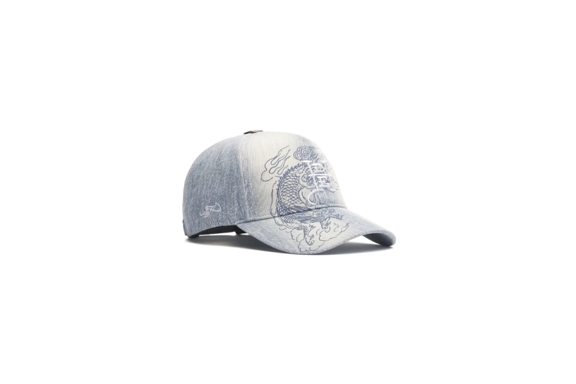 Ed Hardy Crawling Dragon Washed Denim 5 Panel Καπέλο Snapback Γαλάζιο, Λευκό
