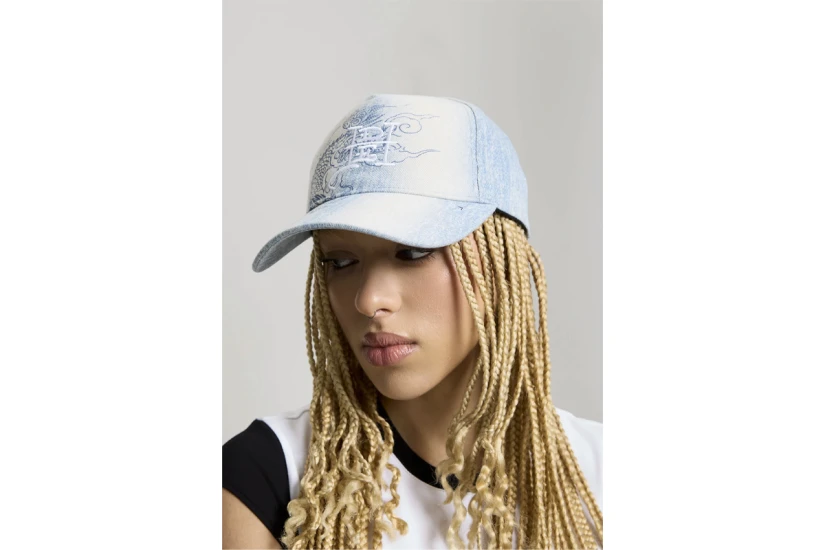 Ed Hardy Crawling Dragon Washed Denim 5 Panel Καπέλο Snapback Γαλάζιο, Λευκό