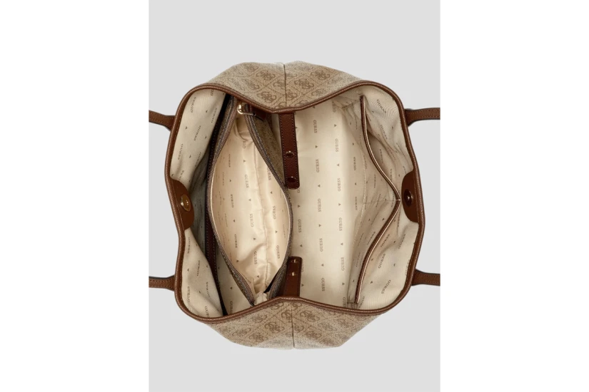 Guess Victtoria Logo 2 In 1 Γυναικεία Τσάντα Tote Μπεζ, Καφέ