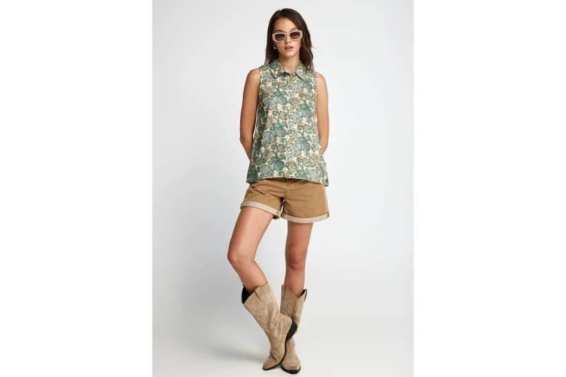 Funky Buddha Γυναικείο Casual Αμάνικο Πουκάμισο Μπλε, Καφέ, Εκρού