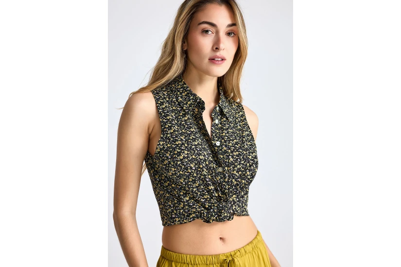 Funky Buddha Γυναικείο Casual Αμάνικο Πουκάμισο Μαύρο, Κίτρινο