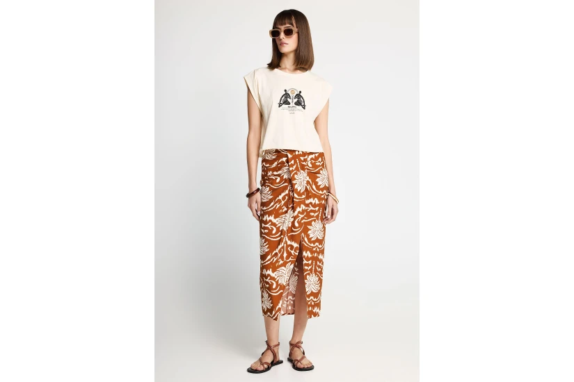 Funky Buddha All Over Printed Γυναικεία Φούστα Μidi Καφέ, Εκρού