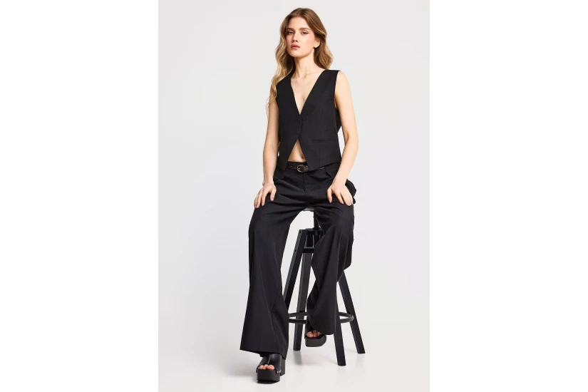 Funky Buddha Casual Wide Leg Γυναικεία Παντελόνα Μαύρη