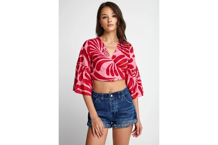 Funky Buddha Wrap Γυναικείο Κοντομάνικο Crop Top Ροζ, Κόκκινο