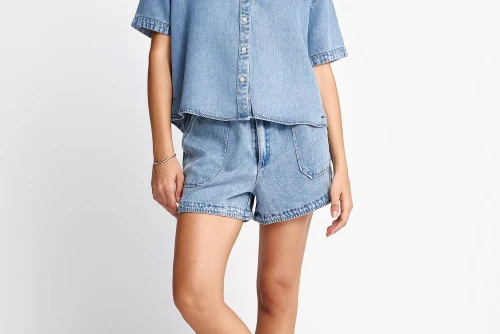 Funky Buddha Lyocell Πουκάμισο Κοντομάνικο Γυναικείο (FBL013-120-05-LT-BLUE)
