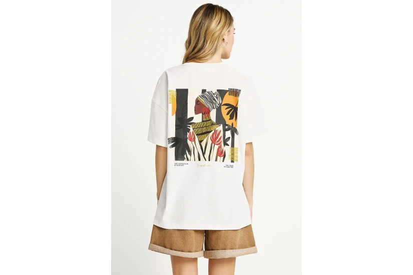 Funky Buddha Loose Fit With Artwork Print Γυναικείο Κοντομάνικο T-Shirt Εκρού