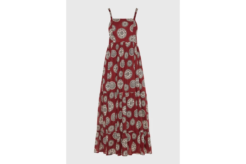 Funky Buddha Printed Cotton Γυναικείο Φόρεμα Maxi Μπορντό, Εκρού, Μαύρο