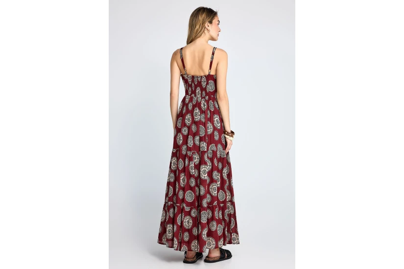 Funky Buddha Printed Cotton Γυναικείο Φόρεμα Maxi Μπορντό, Εκρού, Μαύρο