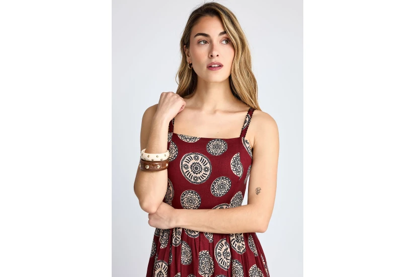 Funky Buddha Printed Cotton Γυναικείο Φόρεμα Maxi Μπορντό, Εκρού, Μαύρο