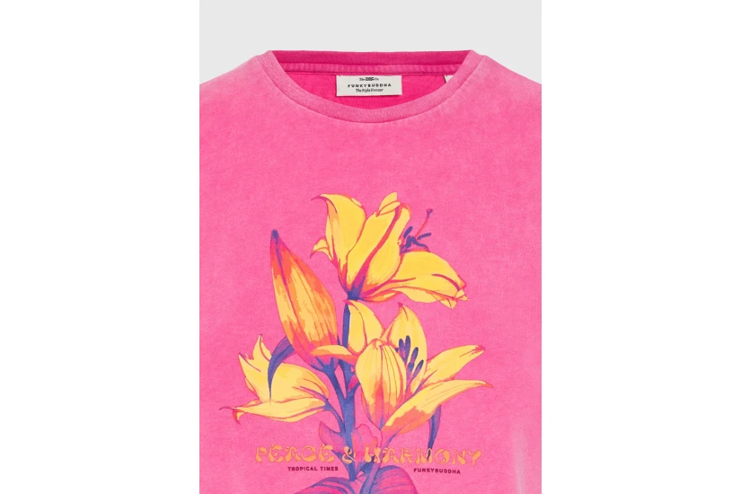 Funky Buddha Γυναικείο Κοντομάνικο T-Shirt Φούξια, Κίτρινο, Πορτοκαλί, Μπλε Σκούρο