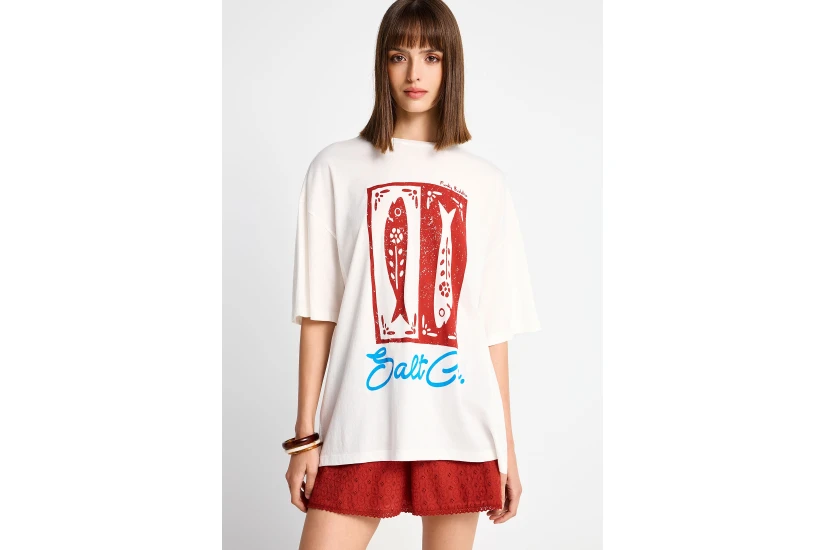 Funky Buddha Γυναικείο Κοντομάνικο T-Shirt Εκρού, Κόκκινο, Μπλε