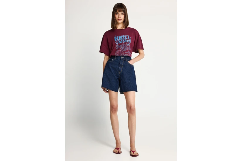 Funky Buddha Print Γυναικείο Κοντομάνικο T-Shirt Μπορντό, Μπλε